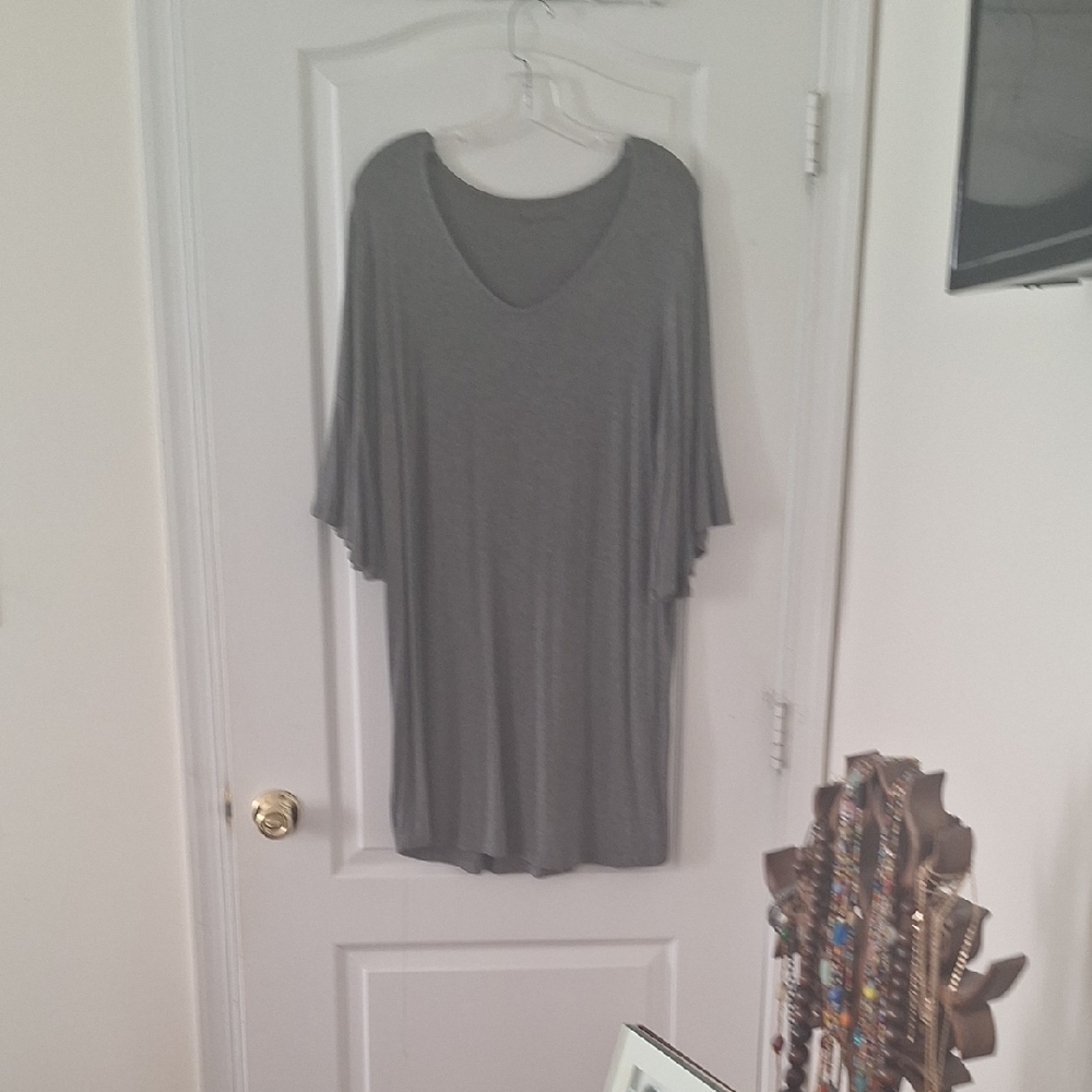 Gray V-Neck Tunic Dress With Flared Sleeves